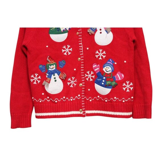 Vintage 90s Cardigan Sweater Small Petite Colorful Snowman Holiday Winter Ramie - Picture 3 of 11